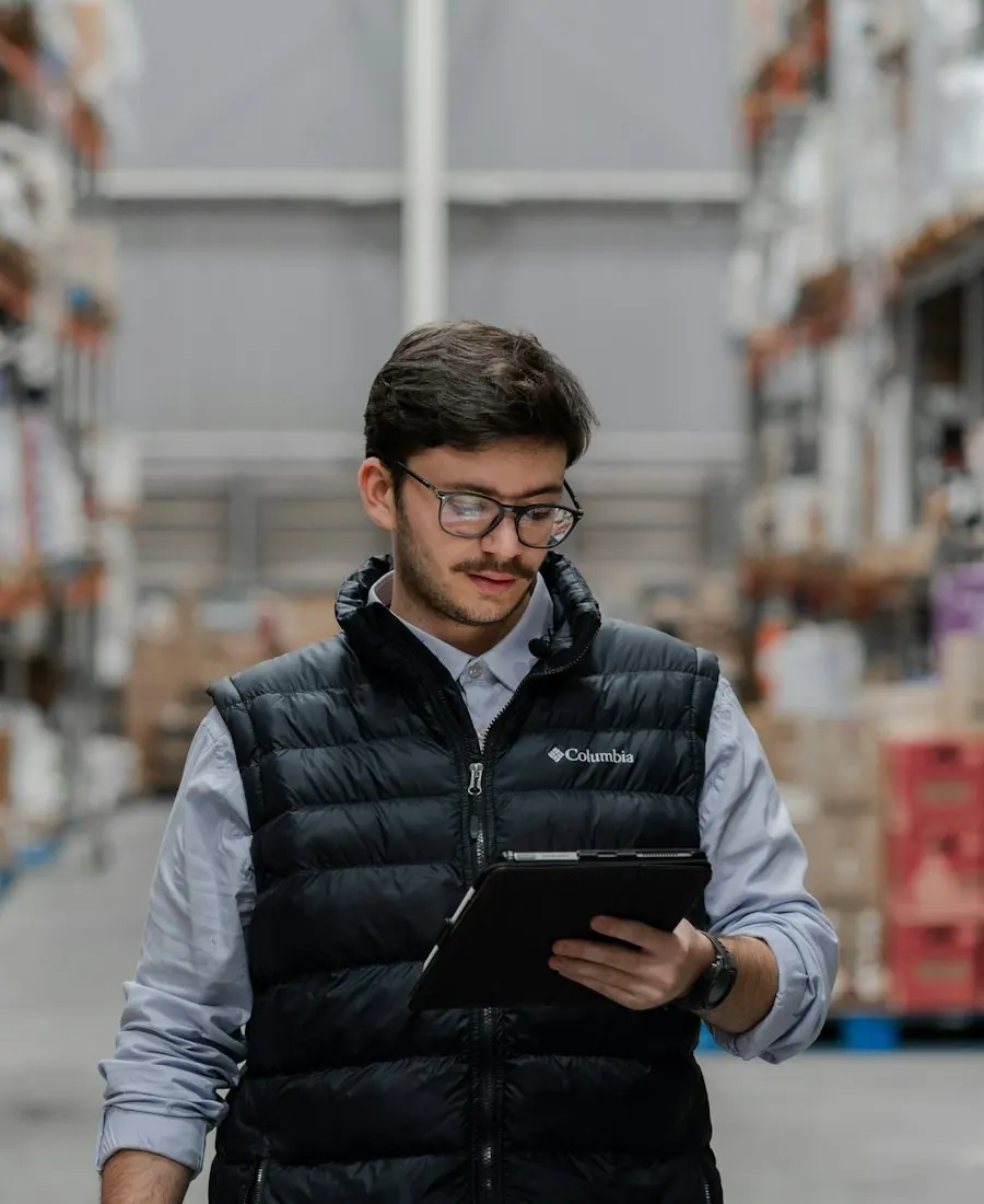 Vendedor revisando pedidos en una tablet dentro de un almacén